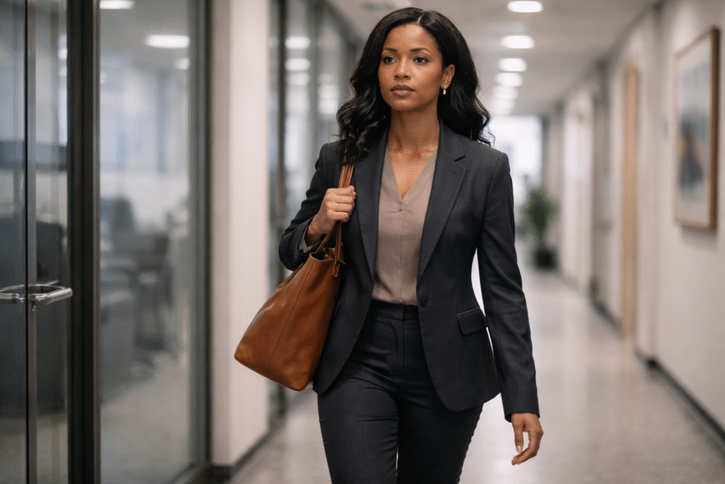 An attorney in a tailored suit walks down a modern office corridor carrying a large purse.