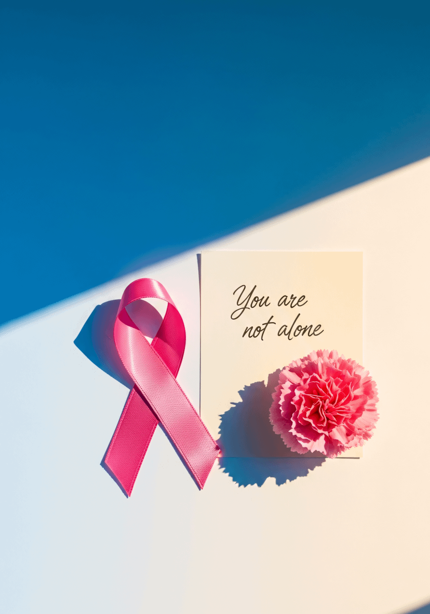 A pink ribbon, a carnation, and a card with 'You are not alone' text on a gradient blue and white background, symbolizing support