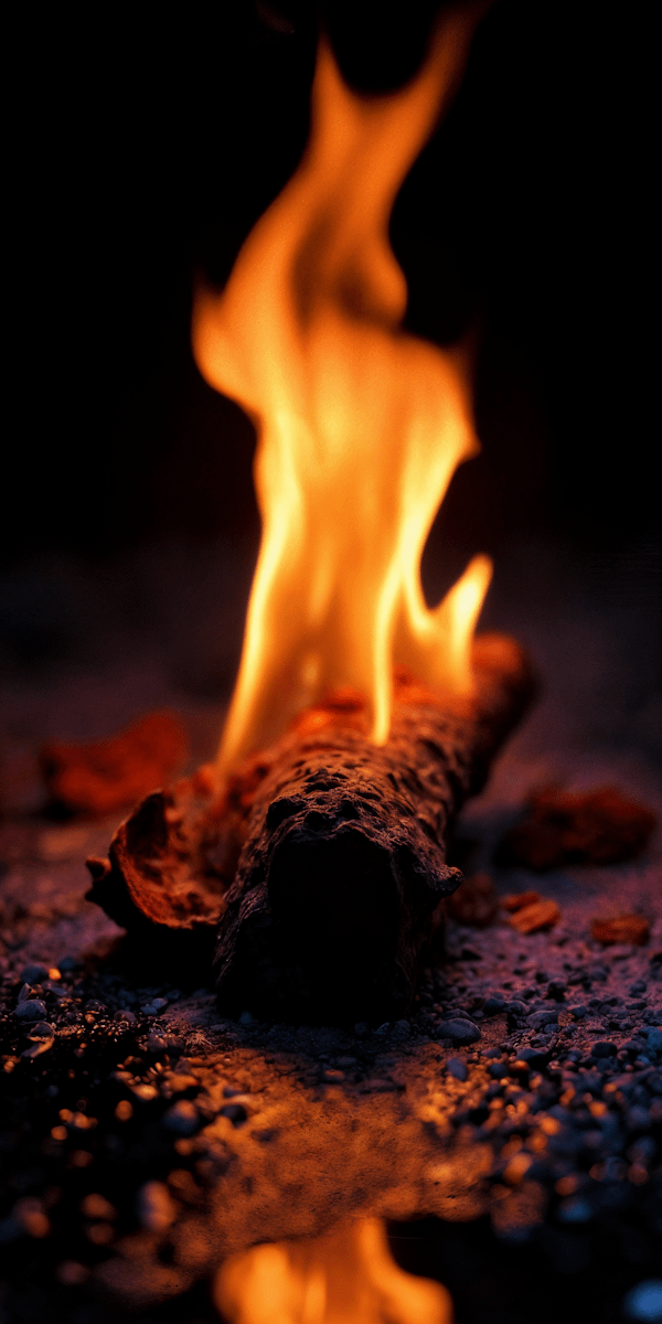 A close-up of a burning log with vivid flames and a reflective surface