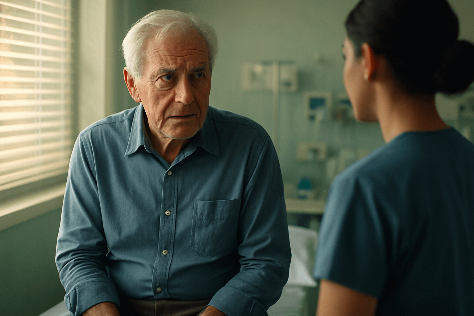 An older silver-haired man sits tensely on a hospital exam table, wearing a creased blue button-down shirt and looking uncomfortable as he talks to a nurse. Soft morning light filters through horizontal blinds onto pale mint-green walls and blurred medical equipment behind them, highlighting the texture of his skin, stray hair flyaways, and subtle fabric wrinkles