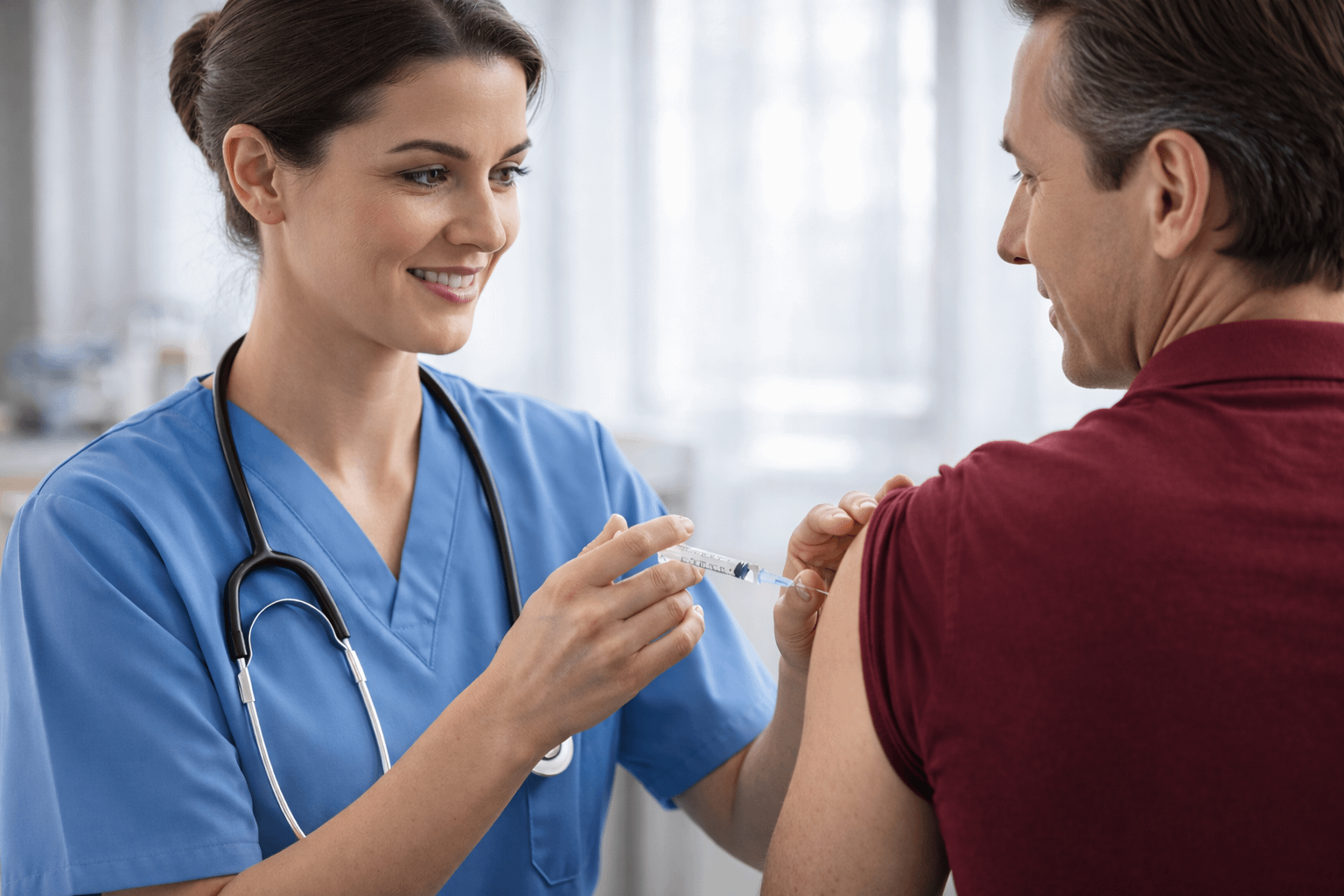A nurse in light blue scrubs administering a vaccine to a patient wearing a maroon shirt, in a softly lit clinical exam room.