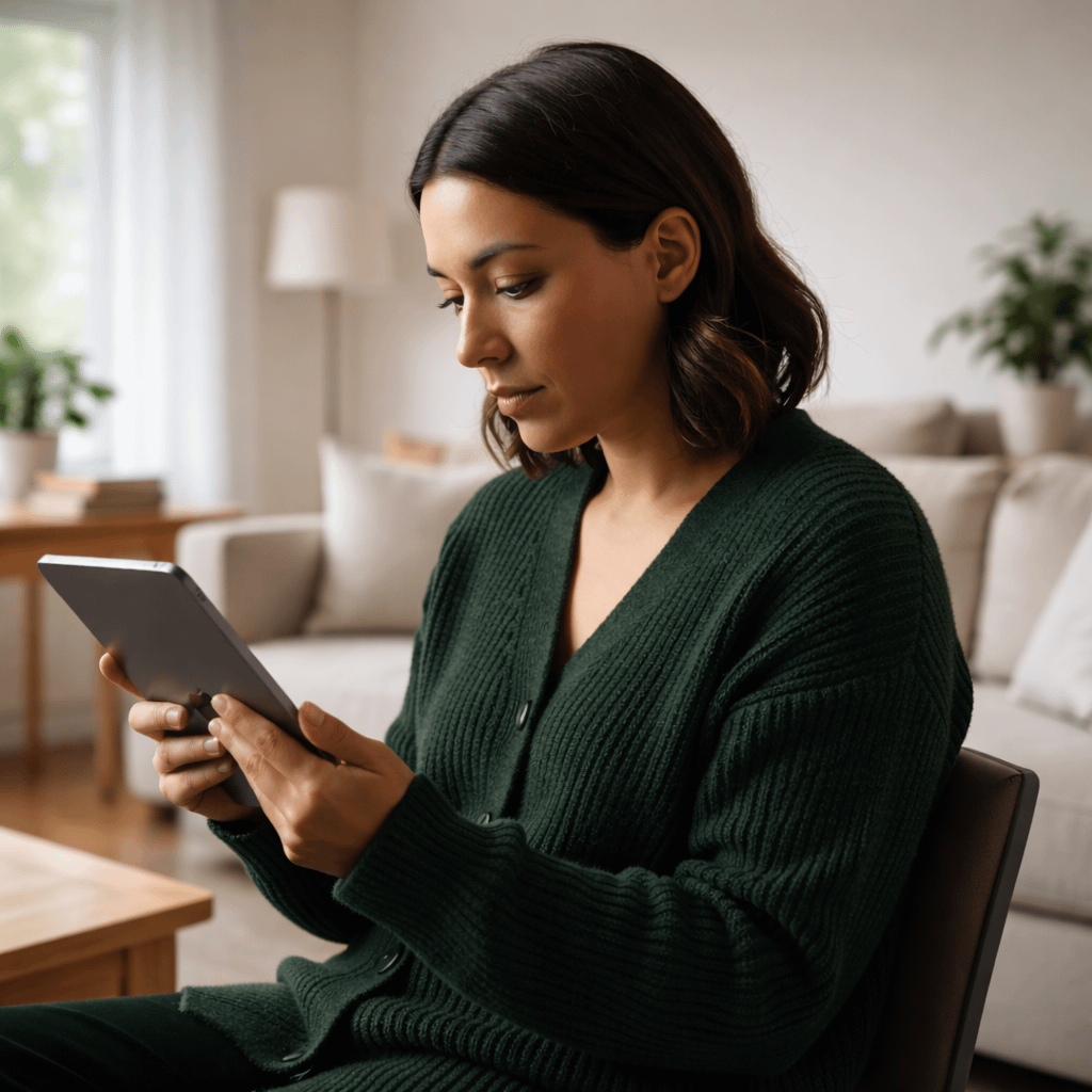 Woman with shoulder-length dark hair wearing a dark green ribbed cardigan, seated in a cozy living room and looking down at a tablet, with a sofa and soft natural light in the background.