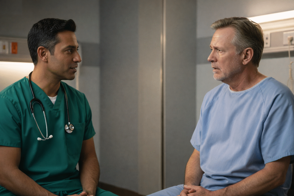 A doctor in green scrubs talks with a patient in a hospital gown, creating a professional and empathetic medical setting.