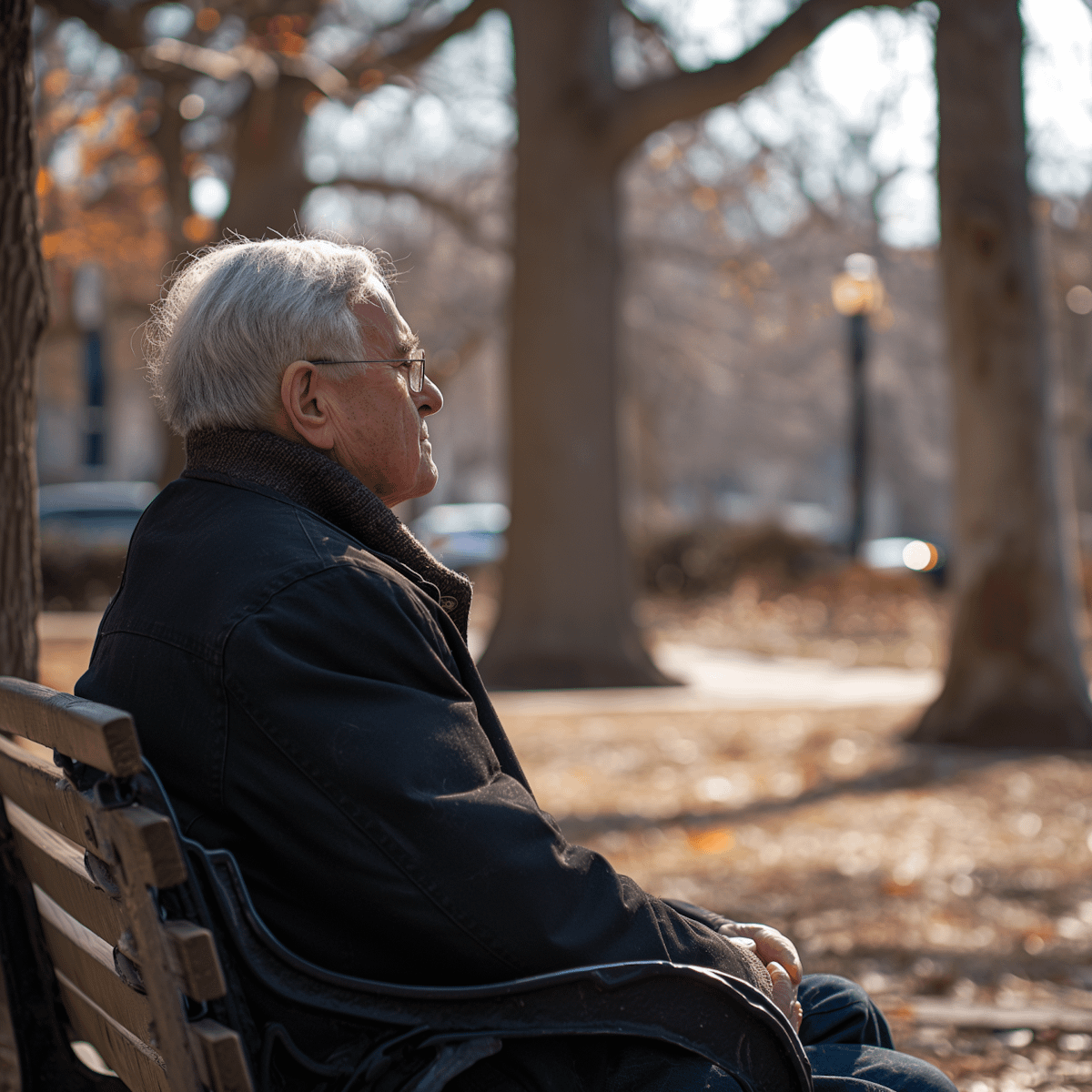 Elderly man with white hair sits on a park bench, wearing glasses and a dark jacket, in a serene autumn park setting