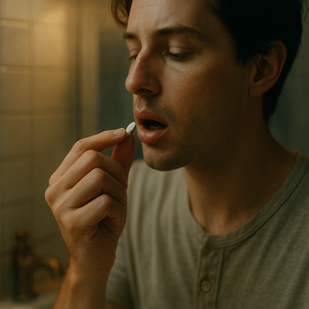 Close-up of a young adult holding a small white pill between thumb and forefinger just inches from their parted lips in a warm, golden-hour–lit bathroom, with shallow focus isolating the hand and face against misted tiles and subtle steam