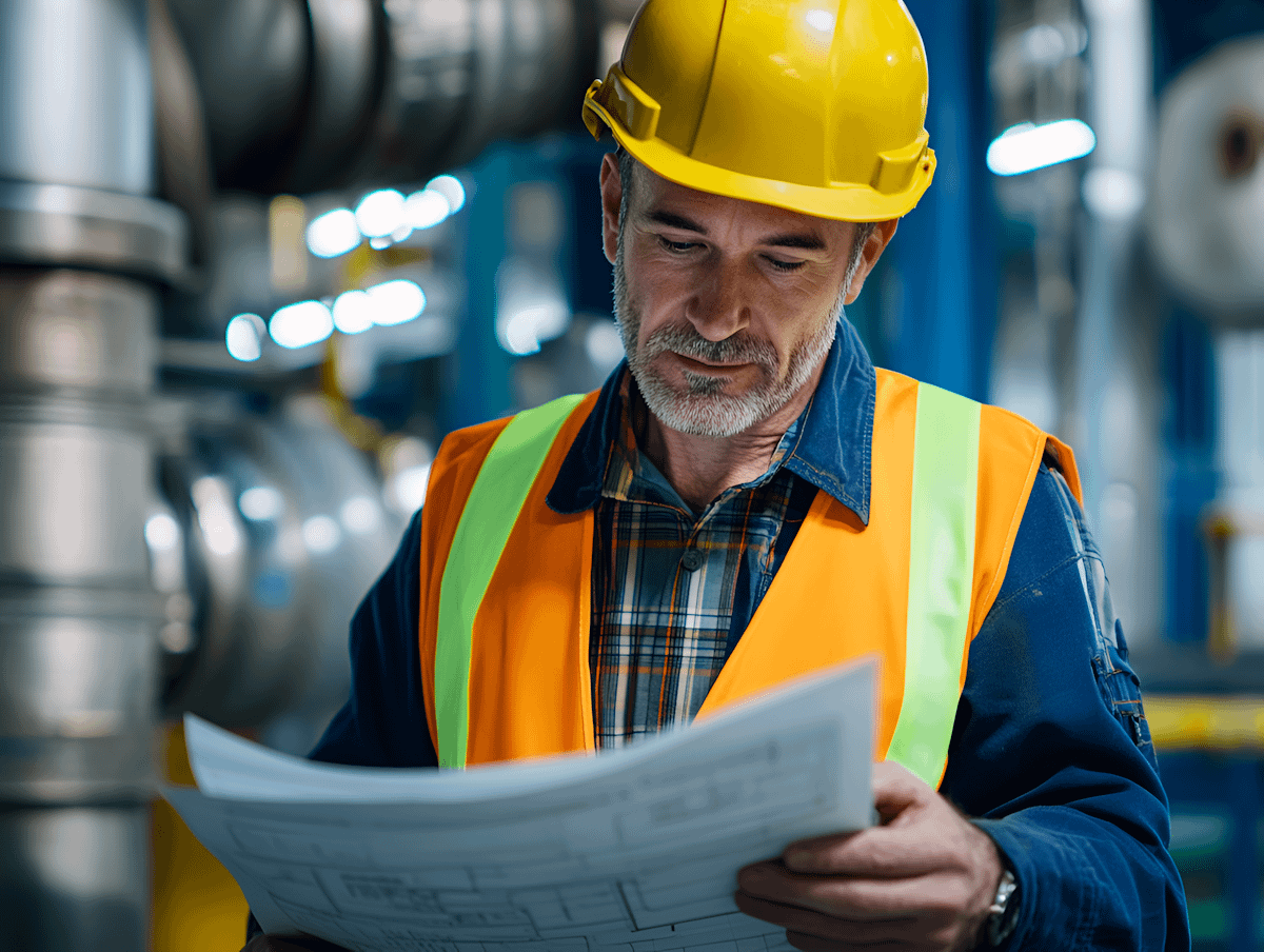 Engineer in a hard hat and safety vest reviews blueprints in an industrial setting with machinery and pipes in the background.
