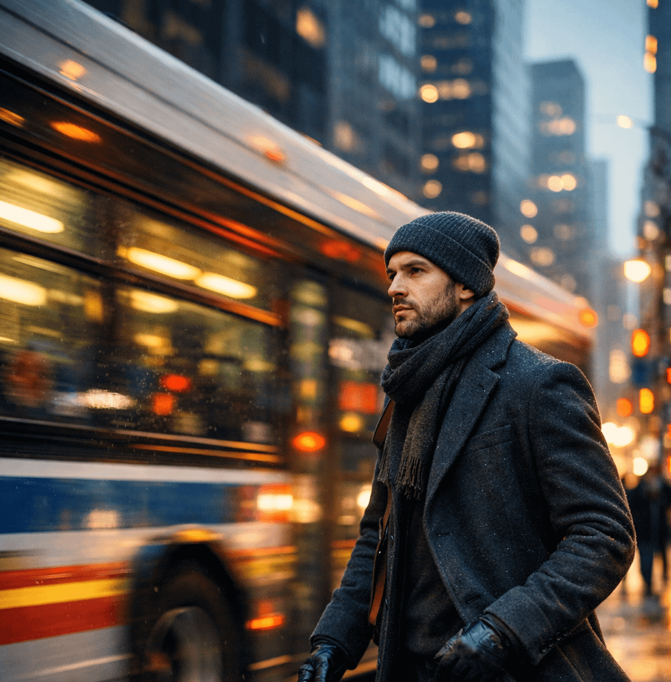 A man in a winter coat walks past a speeding city bus on a wet downtown street, with vibrant lights and motion blur (cropped)