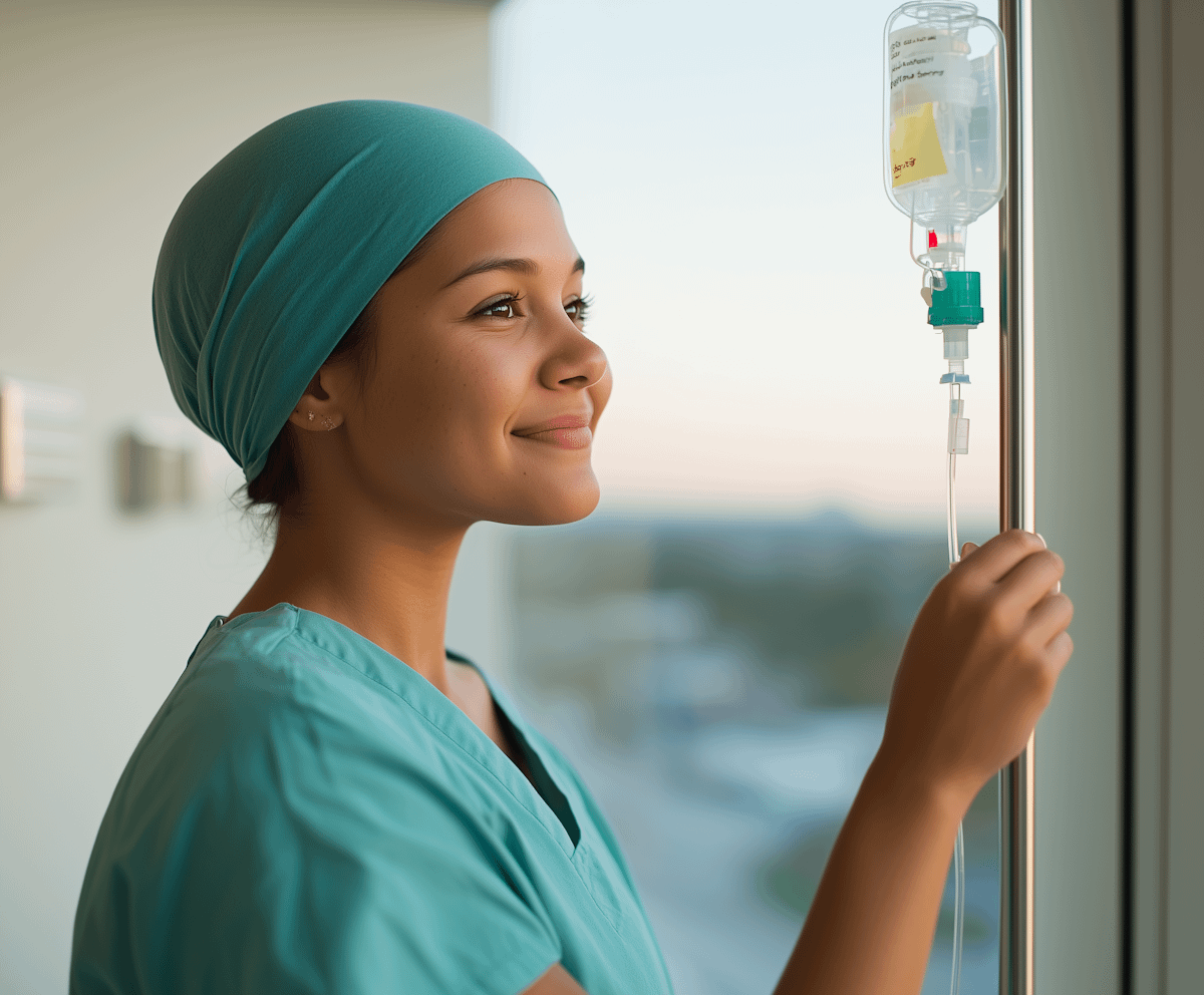 Smiling nurse in teal scrubs adjusts an IV drip