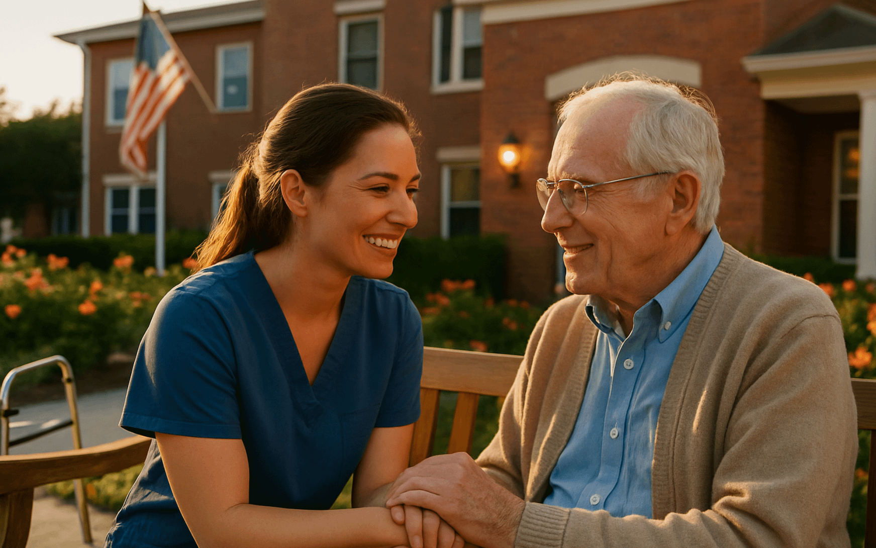 A mid-30s female caregiver in blue scrubs smiles warmly as she gently holds the hand of an elderly man with silver hair and glasses on a wooden bench