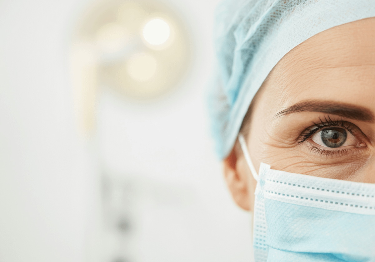 Close-up of a healthcare worker's eye, wearing a blue surgical mask and cap, in a bright clinical setting.
