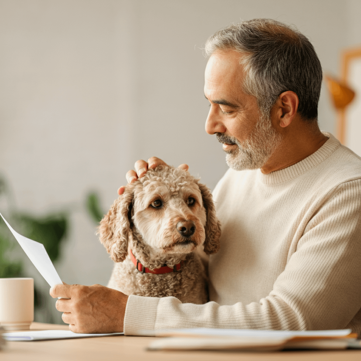 Middle-aged man reading a document with his curly-haired dog by his side
