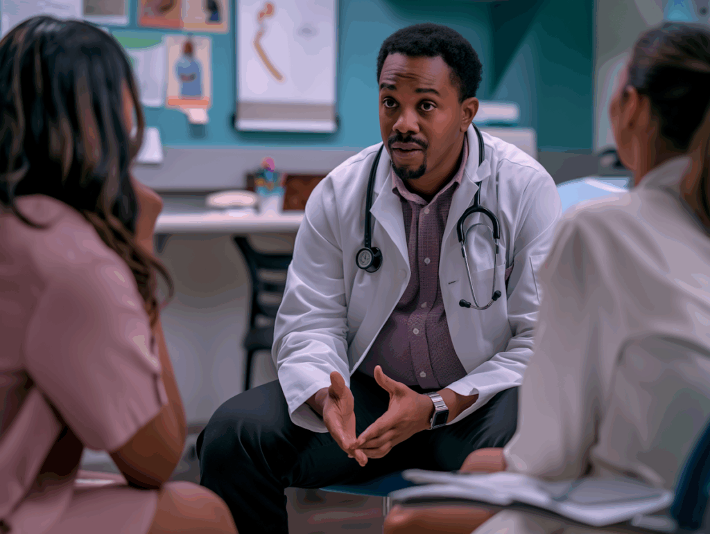 A doctor in a white coat discusses with two women in a medical office, highlighting a professional healthcare setting