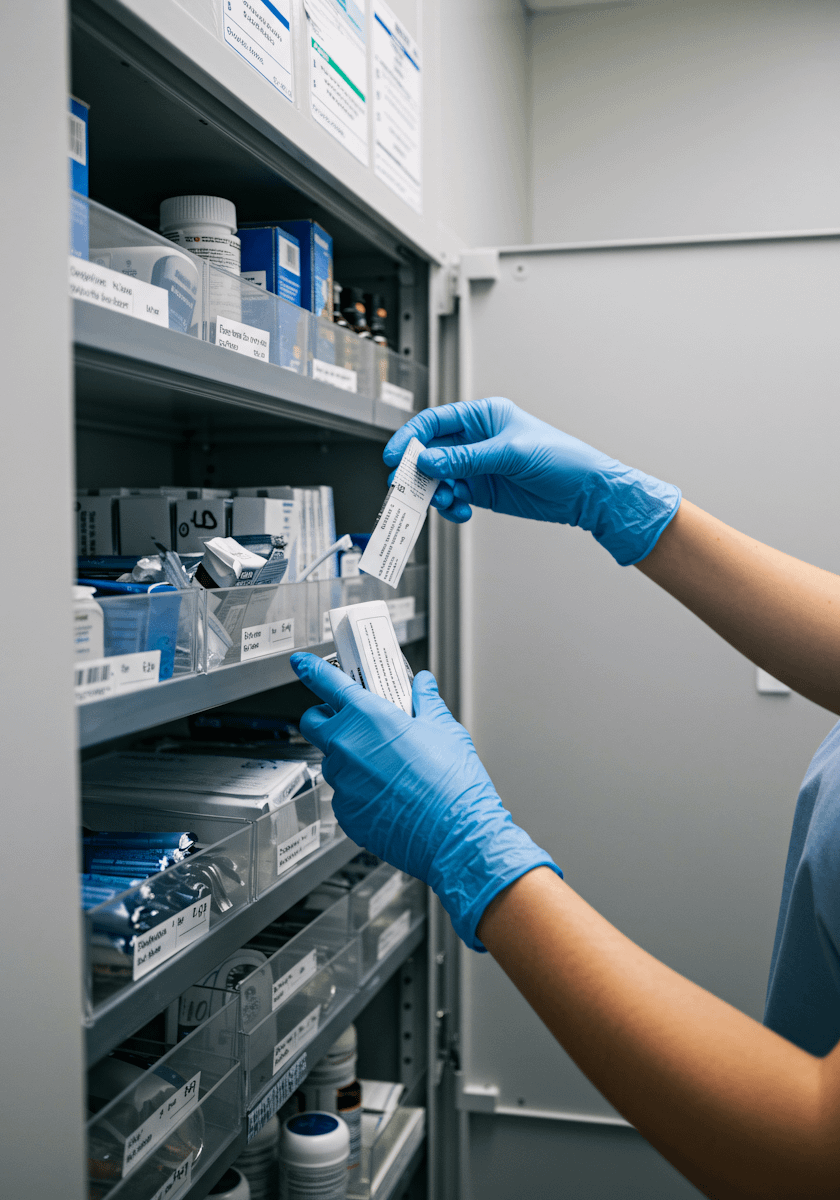 Gloved hands organizing medical supplies in a well-stocked cabinet, showcasing a clean and professional healthcare setting