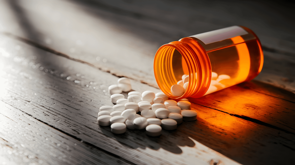 Spilled orange pill bottle with white tablets on a wooden surface, bathed in dramatic sunlight.