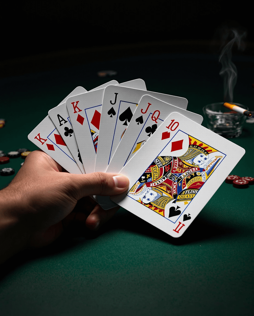 A hand holding a royal flush in diamonds on a poker table, with chips and a lit cigarette in the background, creating a dramatic scene.