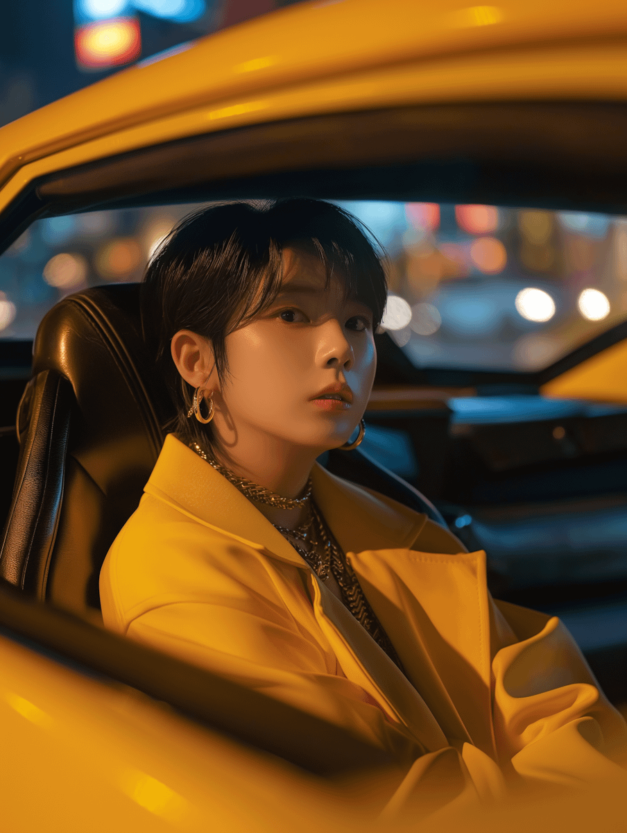 A woman in a yellow coat sits in a yellow car, city lights in the background