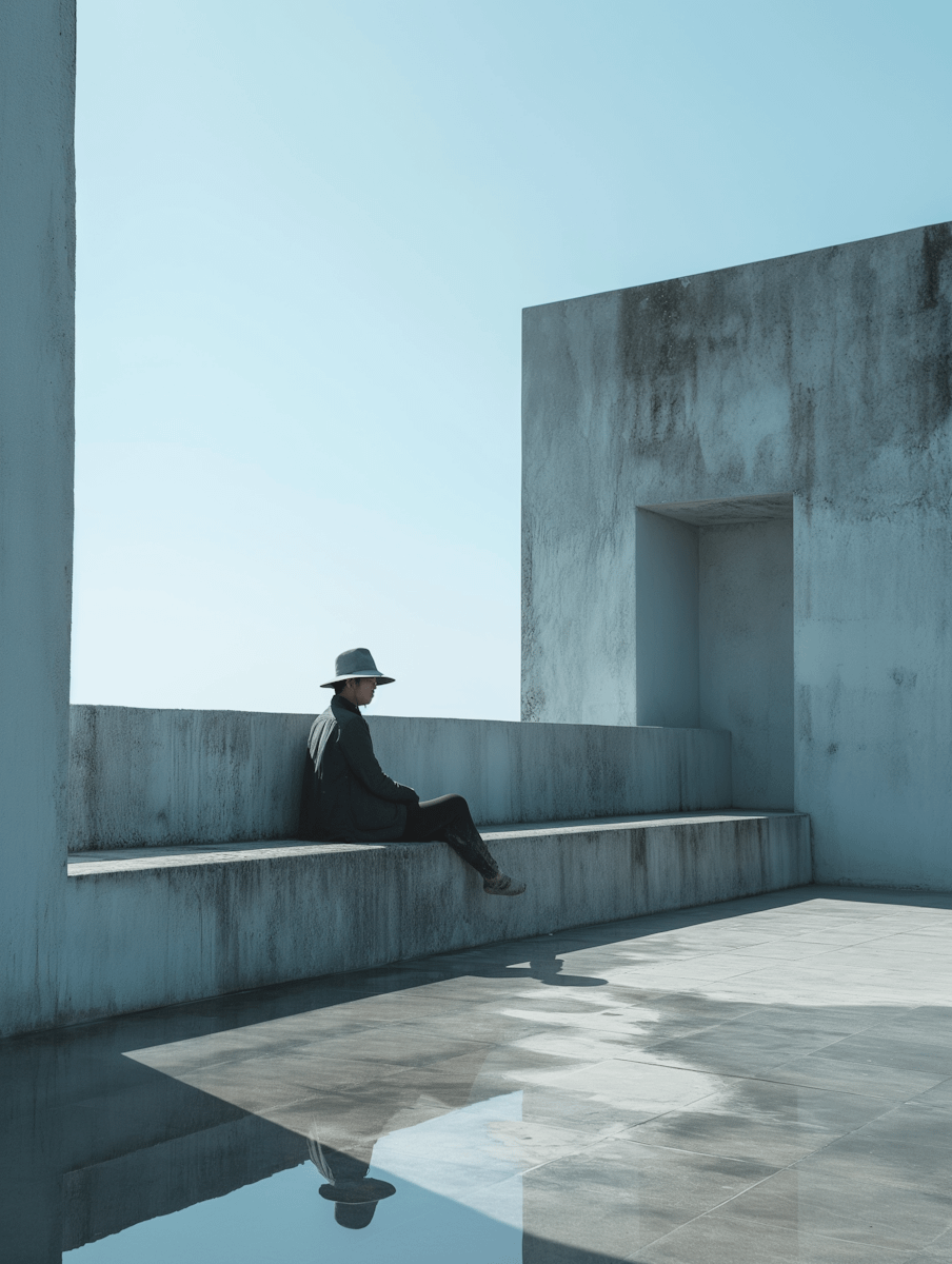Minimalist scene of a person in a hat sitting on a concrete bench, with reflective puddles and modern architecture in muted blue tones.
