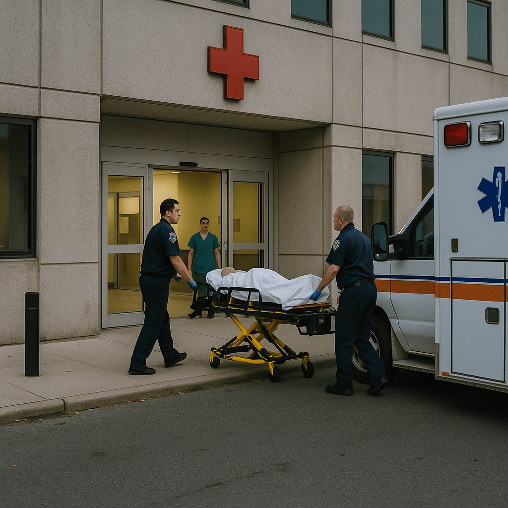 Two paramedics in navy uniforms wheel a patient on a standard stretcher through the automatic glass doors of a plain beige hospital entrance at dusk. A nurse in teal scrubs stands inside ready to assist, and a white ambulance with orange stripes is parked at the curb