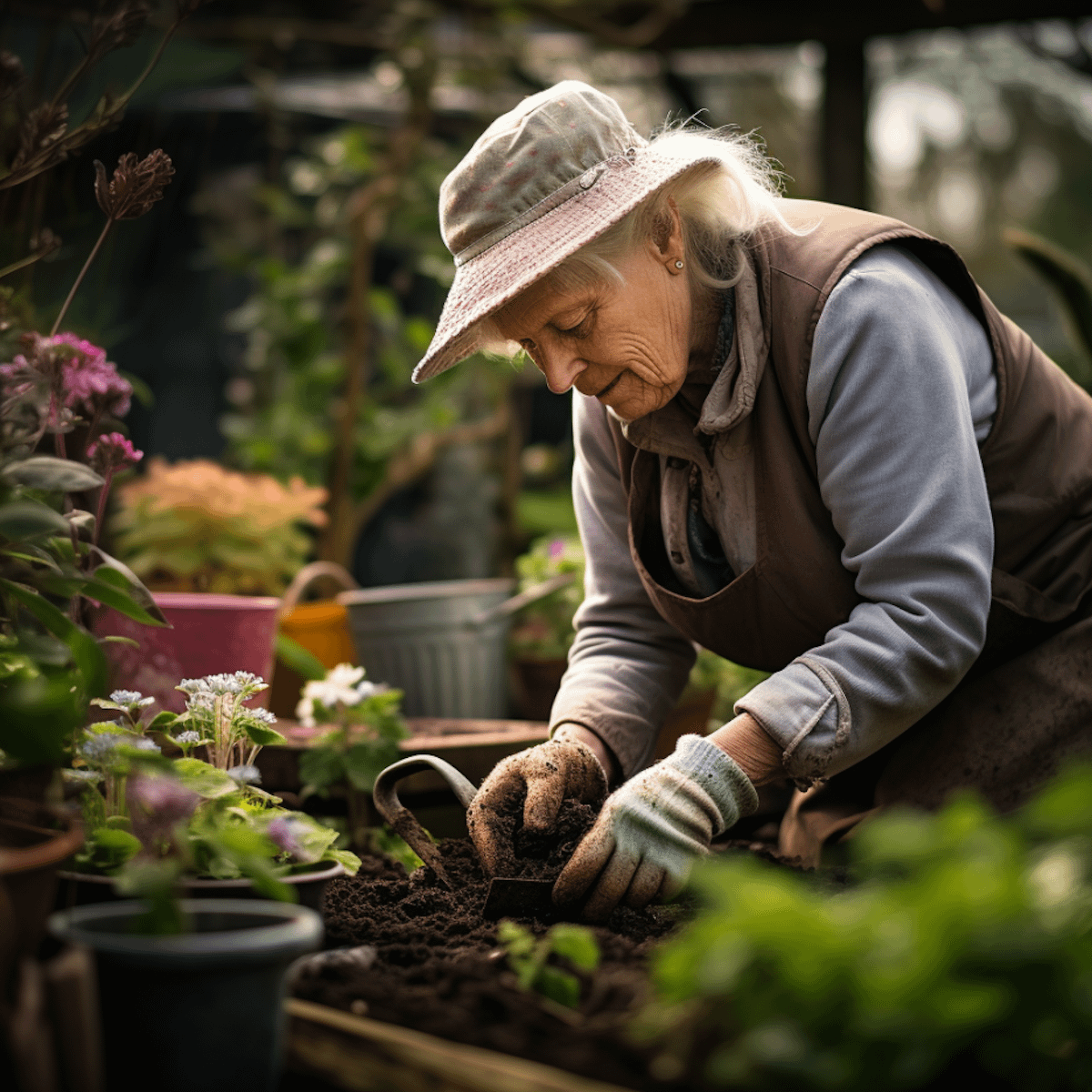 Elderly woman gardening with gloves, surrounded by colorful plants and flowers, wearing a sun hat and apron