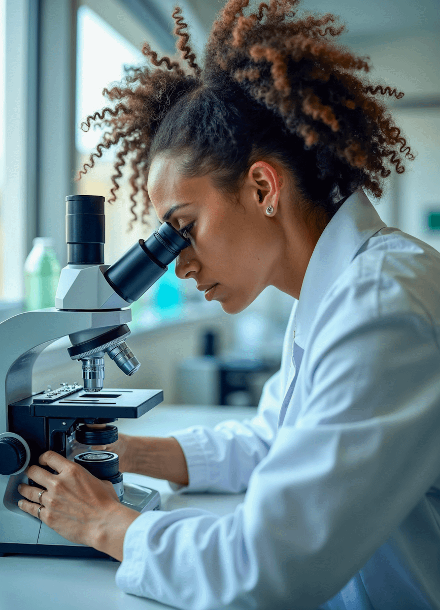 Focused scientist with curly hair examines samples through a microscope in a bright laboratory setting