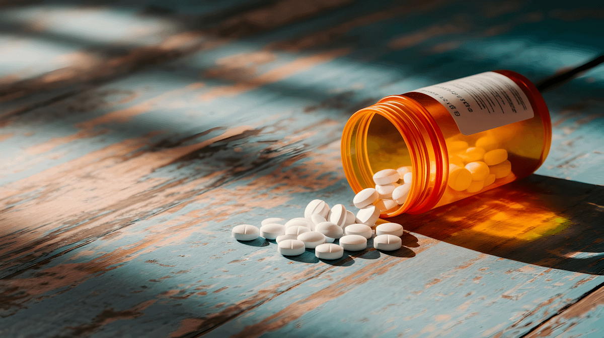 Spilled orange pill bottle with white tablets on a rustic blue table, bathed in warm sunlight and soft shadows