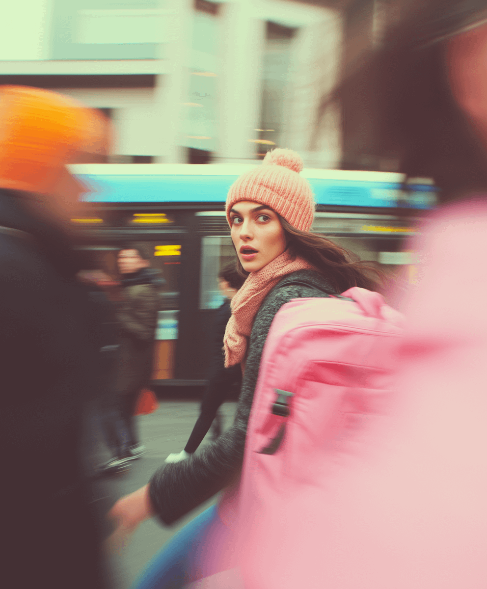Young woman in pink hat and scarf with backpack in busy city street, looking surprised