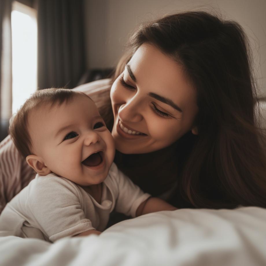 A mother smiles at her laughing baby