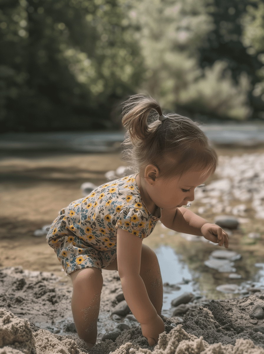 A young child in a floral outfit plays in the sand by a river, surrounded by lush greenery and sunlight filtering through trees.
