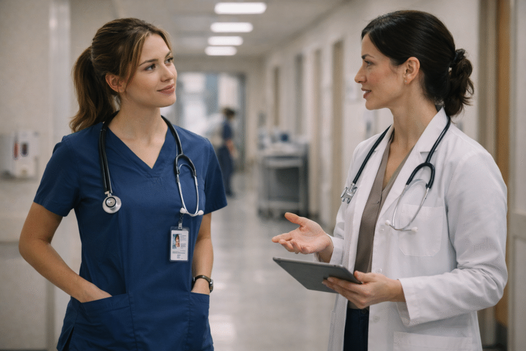 A nurse listens attentively to a doctor speaking in a softly lit hospital hallway.