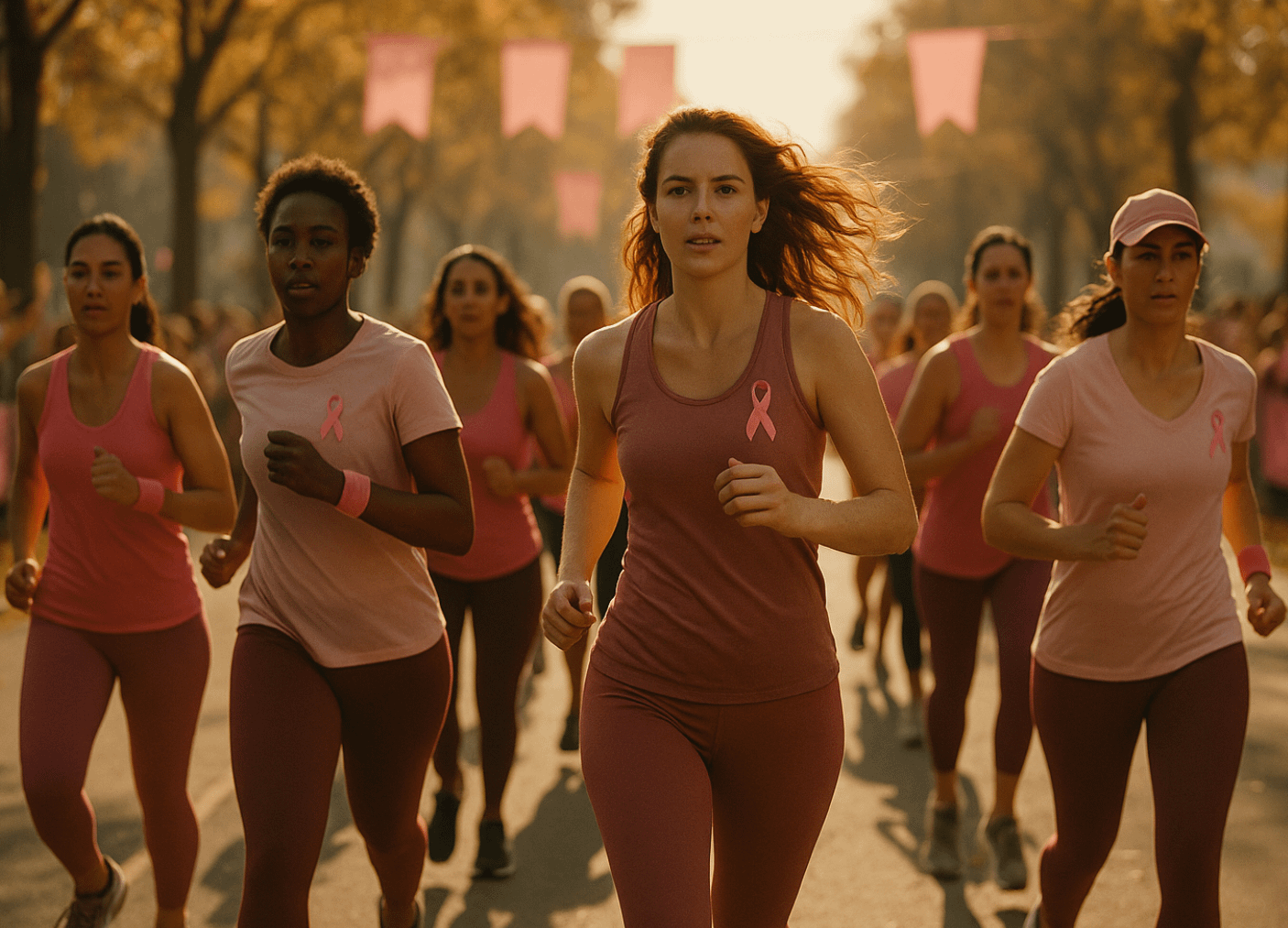A photograph captures a diverse group of women participating in a breast cancer awareness run, wearing pink athletic outfits and running along a sunlit park path lined with trees and pink banners