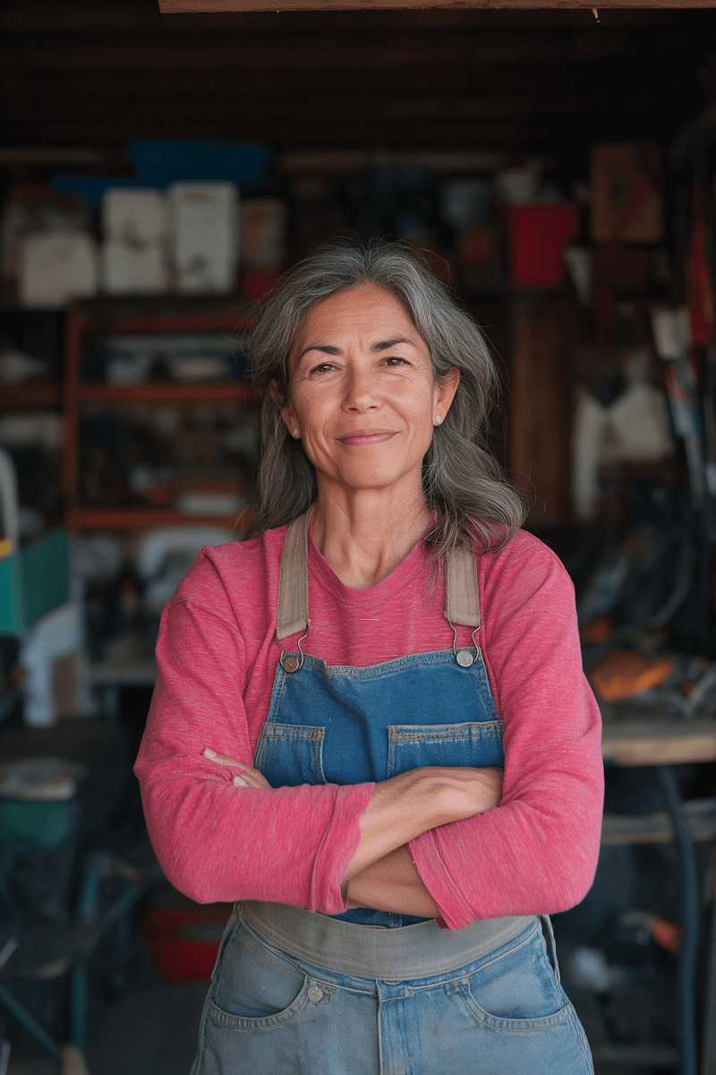 Confident middle-aged woman in a workshop, wearing red shirt and denim overalls