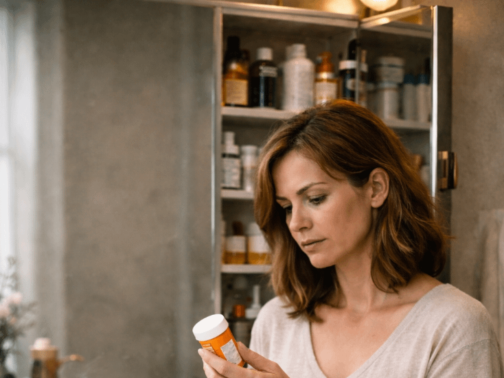 A woman stands behind a marble bathroom vanity, reading a prescription bottle with a half-open medicine cabinet behind her.