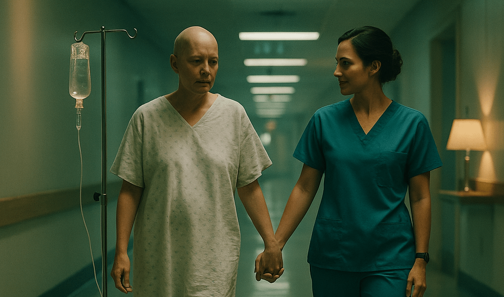 A poignant, cinematic shot of a bald cancer patient in a loose hospital gown walking hand-in-hand with a nurse in teal scrubs down a softly lit hospital corridor. The IV pole trails beside them, overhead fluorescent lights create leading lines drawing the eye to their journey, and the warm and cool mixed lighting accentuates the textured details of the gown, the nurse’s caring expression, and subtle environmental elements like a blurred sanitizer dispenser on the wall
