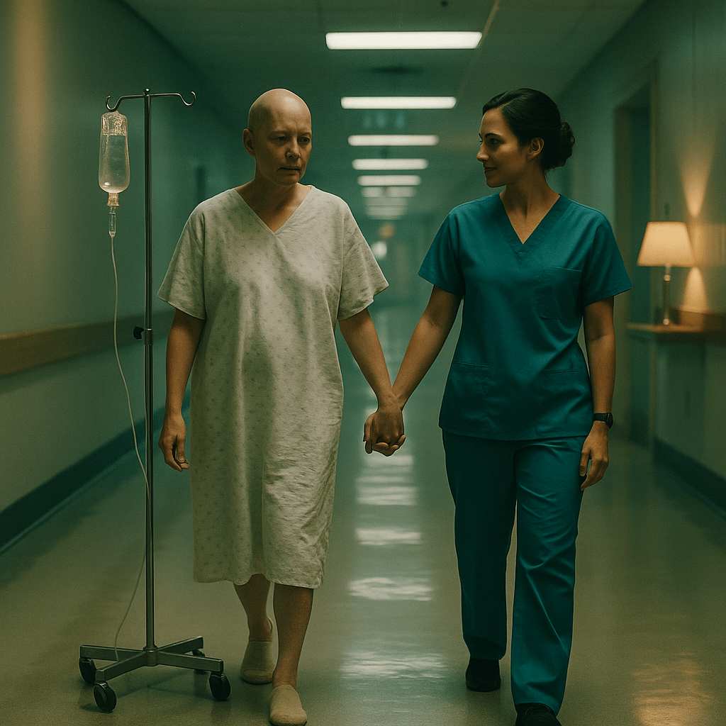 A poignant, cinematic shot of a bald cancer patient in a loose hospital gown walking hand-in-hand with a nurse in teal scrubs down a softly lit hospital corridor. The IV pole trails beside them, overhead fluorescent lights create leading lines drawing the eye to their journey, and the warm and cool mixed lighting accentuates the textured details of the gown, the nurse’s caring expression, and subtle environmental elements like a blurred sanitizer dispenser on the wall