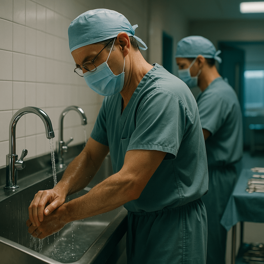 Two surgeons in scrubs and masks wash their hands at a stainless steel scrub sink, water running from faucets as they prepare for surgery