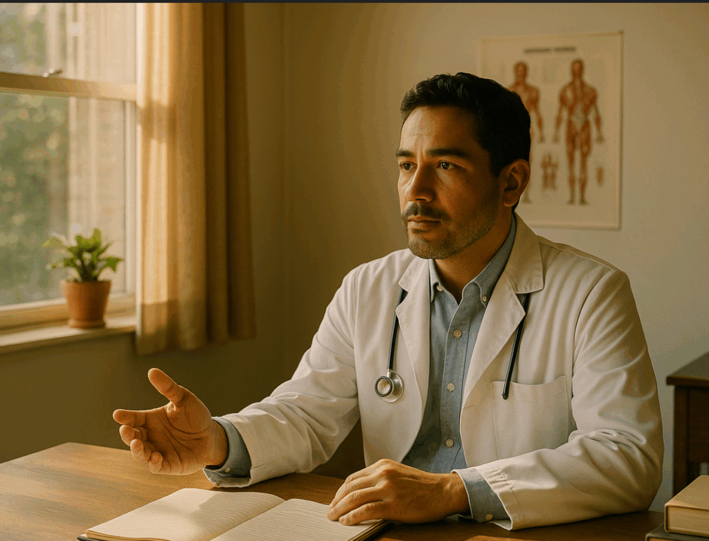 A doctor sits alone at a wooden desk in a sunlit office, wearing a white coat and stethoscope, with books and an open notebook in front of him