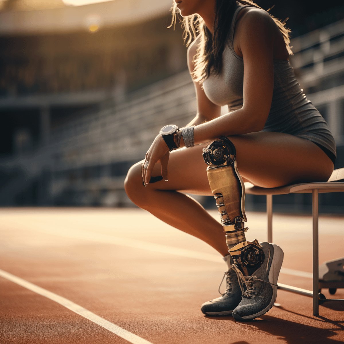 Athletic woman with prosthetic leg sitting on track bench, wearing gray sportswear and sneakers, in a sunlit stadium setting.