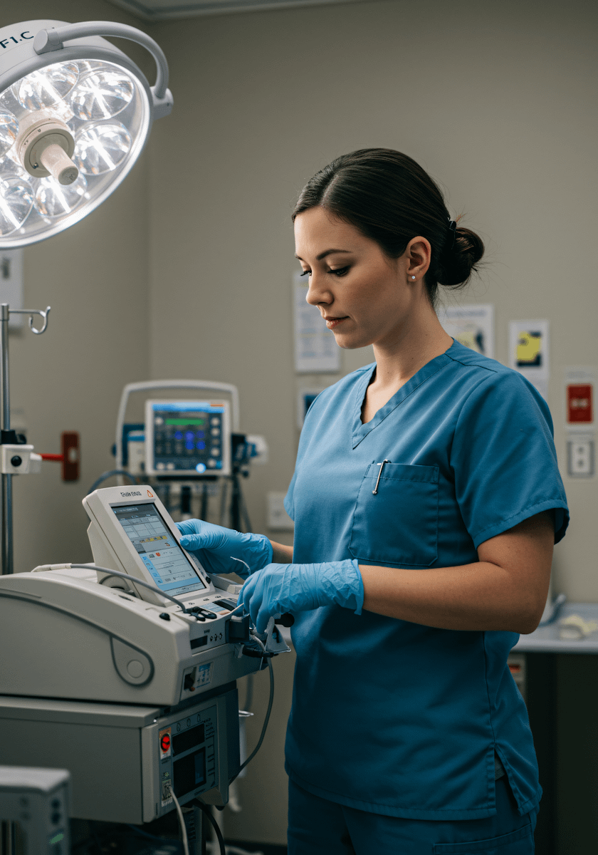 A healthcare worker in blue scrubs operates medical equipment in a clinical setting, showcasing a professional medical environment.