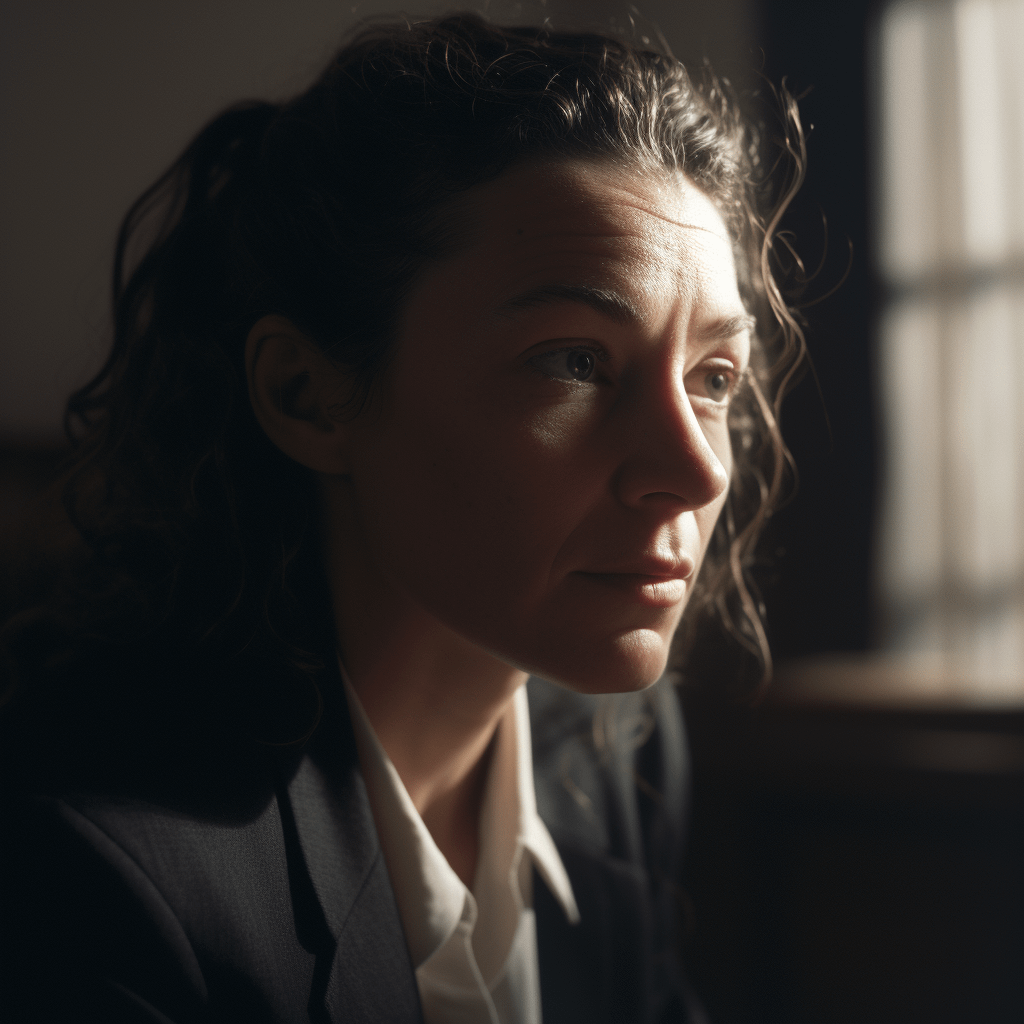 A woman with dark hair, looking thoughtfully to the side