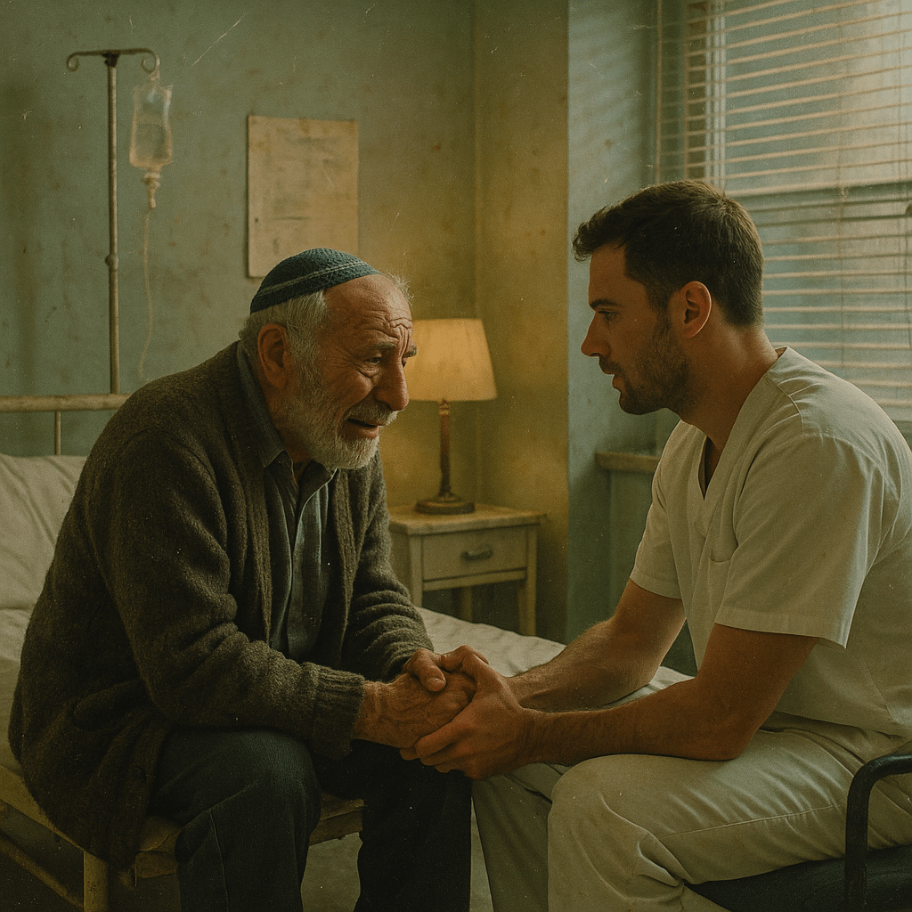 An elderly Jewish man in a frayed wool cardigan and hand-knit kippah grips a young doctor’s hands; his voice cracks with emotion and his worn face shows detailed wrinkles and slight redness on his cheeks. The lived-in hospital room features chipped paint on the radiator cover, bent blinds casting uneven light, a flickering bedside lamp, an IV stand, and a dusty floor with scuff marks, creating a hyperreal, imperfect scene.