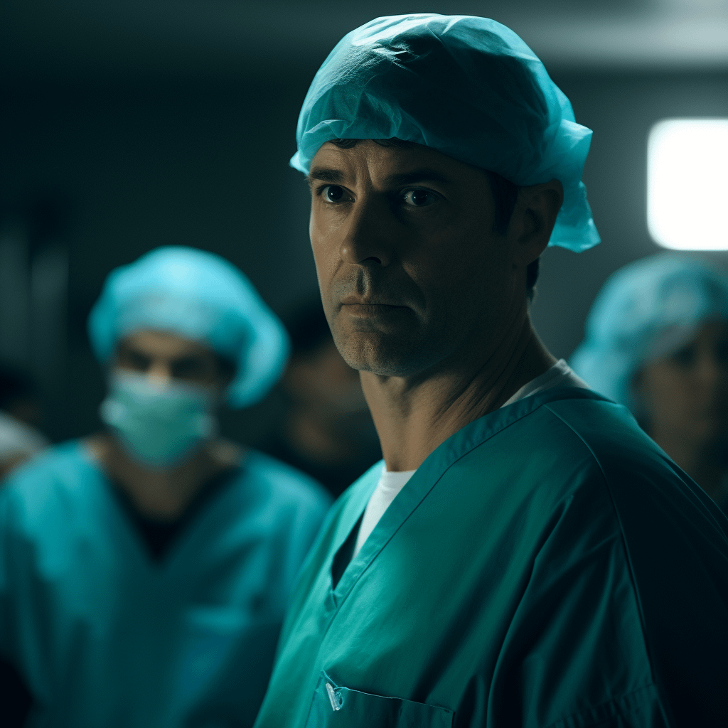 A surgeon wearing a blue scrub suit looks at something, another surgeon in the background