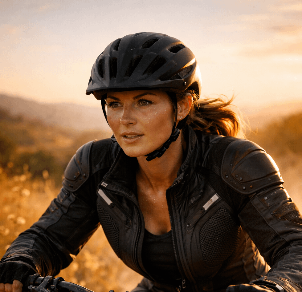 A focused woman wearing a black helmet and a fitted motorbike jacket rides a dusty mountain bike trail at sunset, with warm golden light illuminating her face and the surrounding countryside.