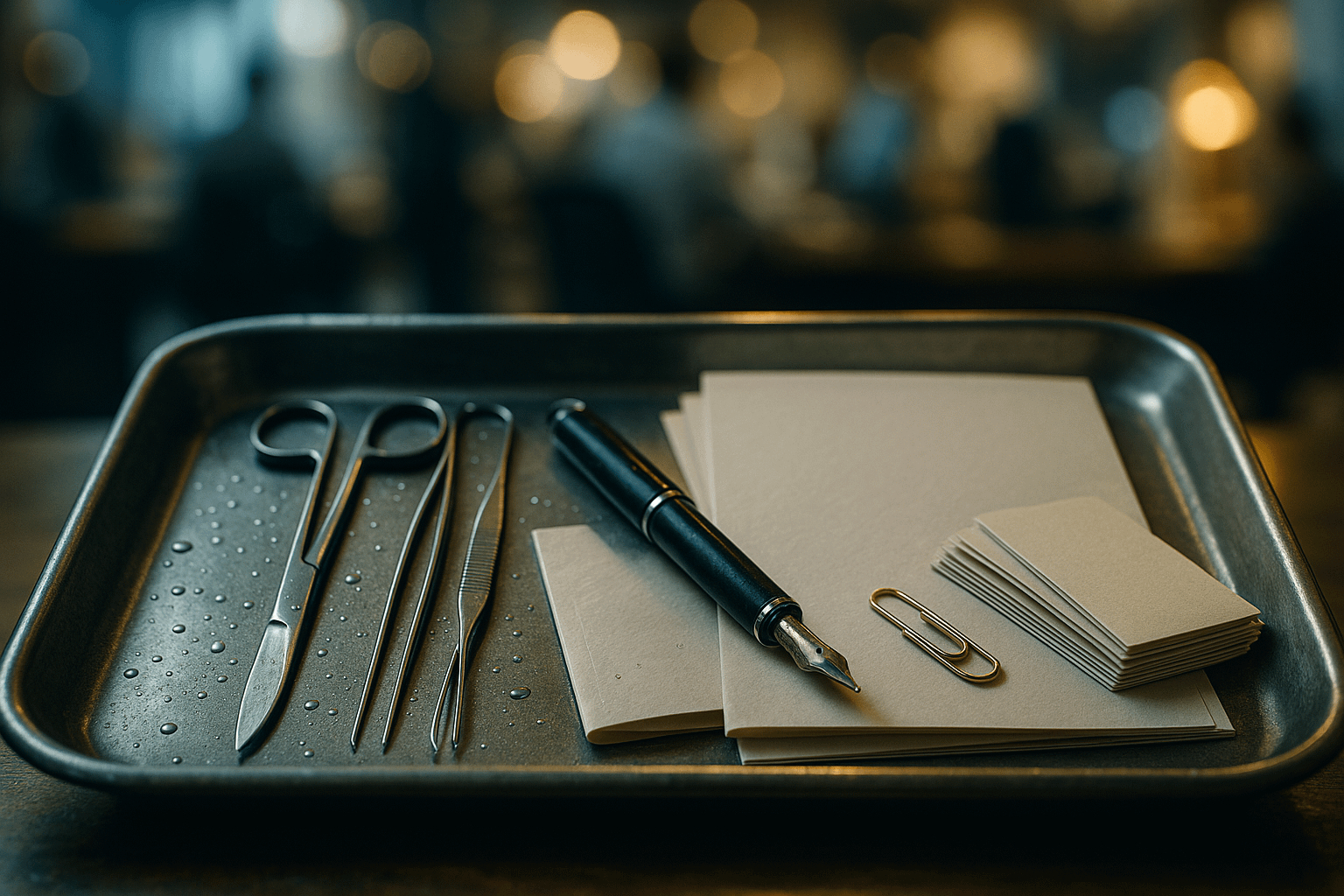 Close-up of a worn stainless steel tray with surgical instruments (scalpel, forceps, tweezers) on the left showing water droplets and fine scratches, and unbranded lawyer’s stationery on the right including blank embossed paper, a fountain pen with a slightly ink-stained nib, stacked business cards, and a gold paperclip