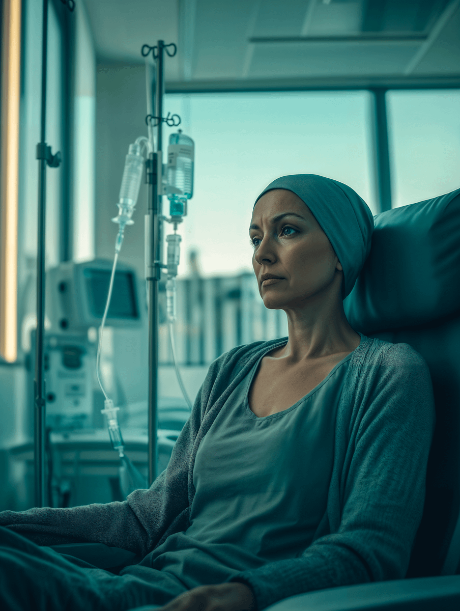 Woman in hospital setting with IV, wearing gray headscarf, looking contemplative