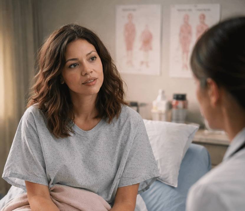 An adult female patient in a medical gown speaks seriously with her OB/GYN inside a softly lit exam room.