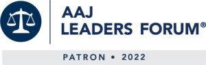 AAJ Leaders Forum logo with a scales of justice icon, labeled 'Patron 2022.'