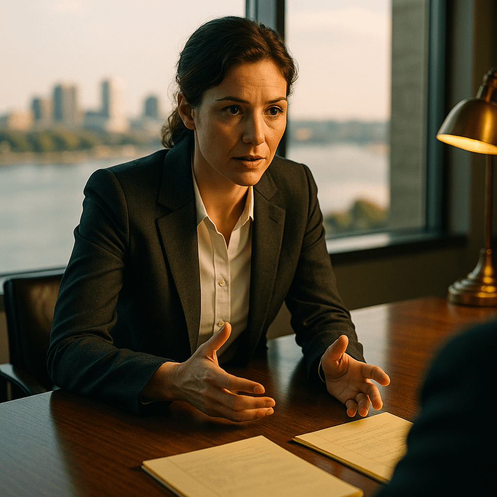A mid-30s female lawyer in a charcoal suit leans forward across a polished wooden table, hands gesturing as she speaks. Behind her, a floor-to-ceiling window shows the Delaware River and the Wilmington skyline at sunset, with warm sunlight and a brass desk lamp casting soft, cinematic shadows.
