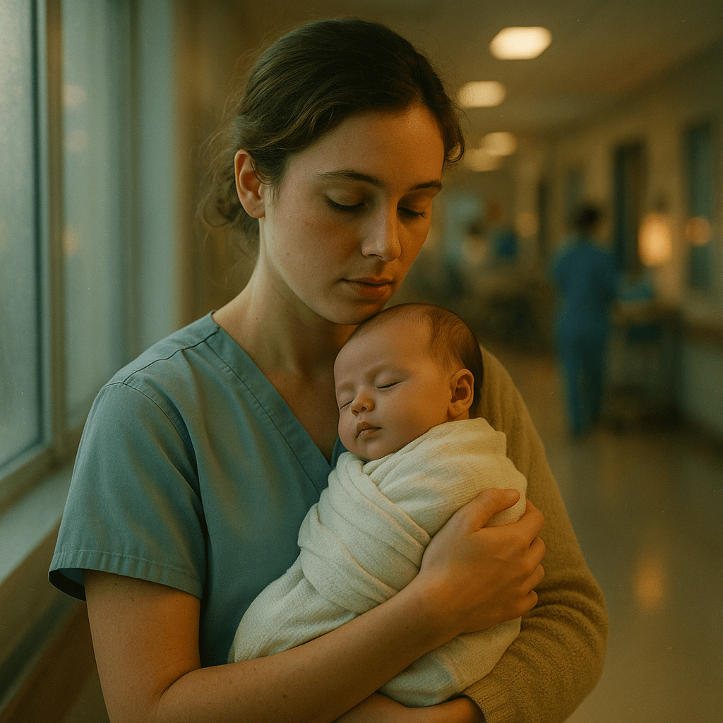 A young mother in pastel scrubs gently cradles her sleeping newborn against her chest in a softly lit hospital corridor, with the background subtly blurred to reveal misted windows, medical staff silhouettes, and warm overhead lights