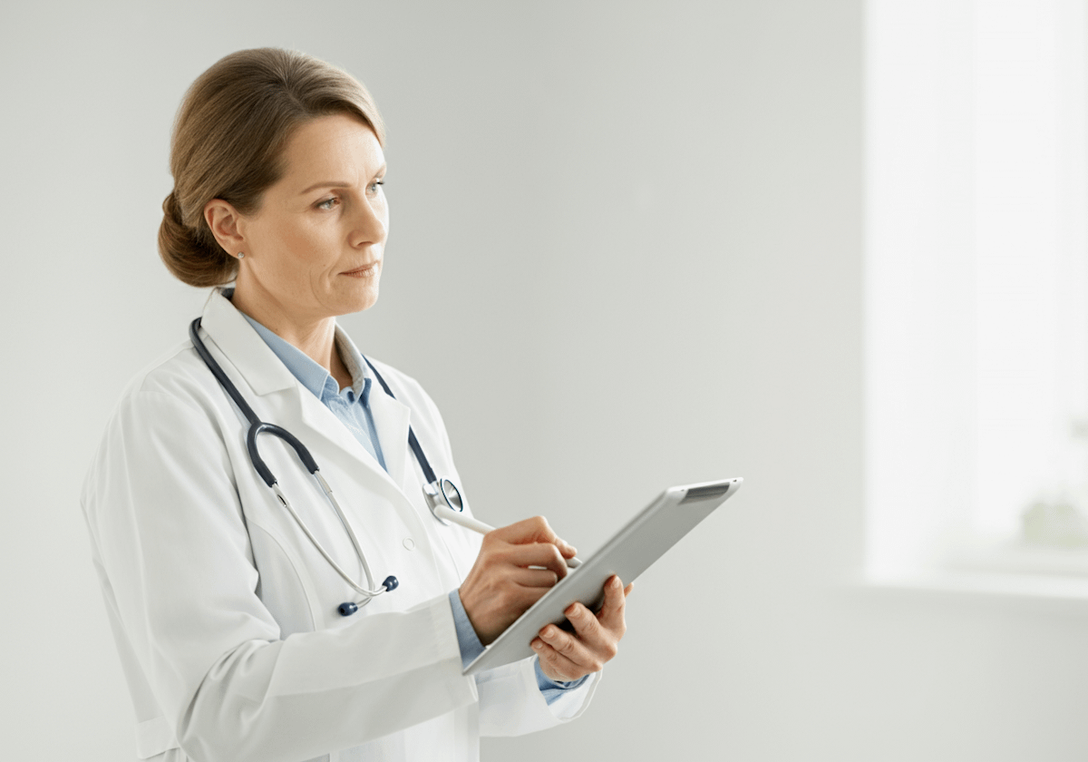 A focused doctor in a white coat with a stethoscope, using a tablet in a bright, neutral setting.