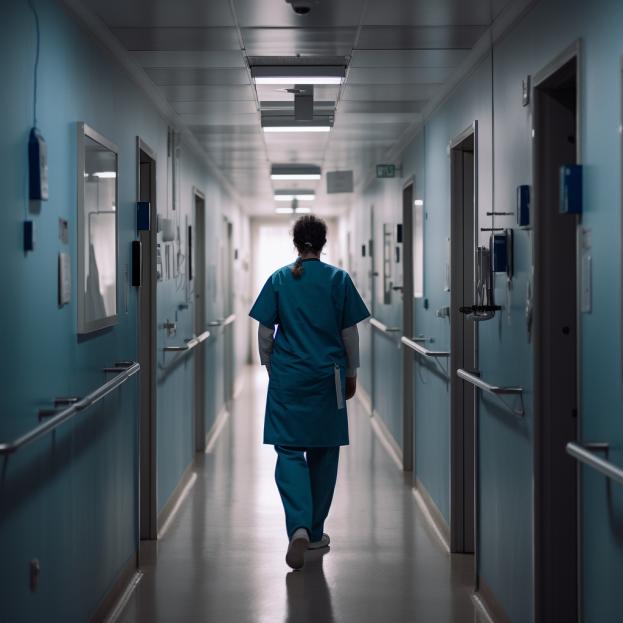 back of a doctor walking down a hospital hallway